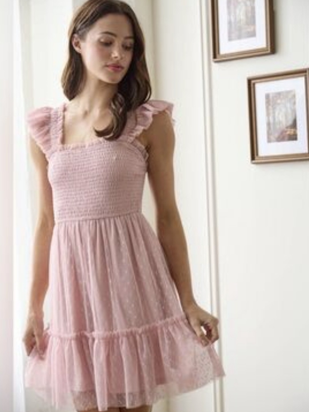 mine Blush Pink Smocked Mini Dress with Ruffle Straps